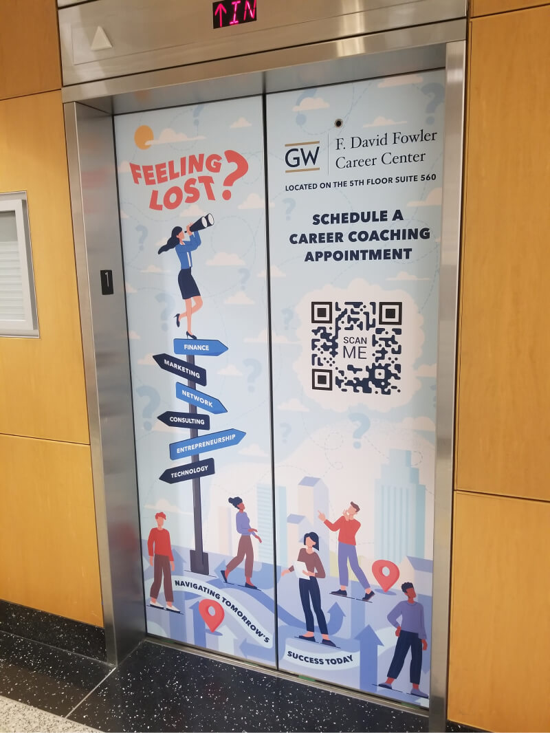 Elevator graphics design and print in George Washington Duques Building in Washington DC.